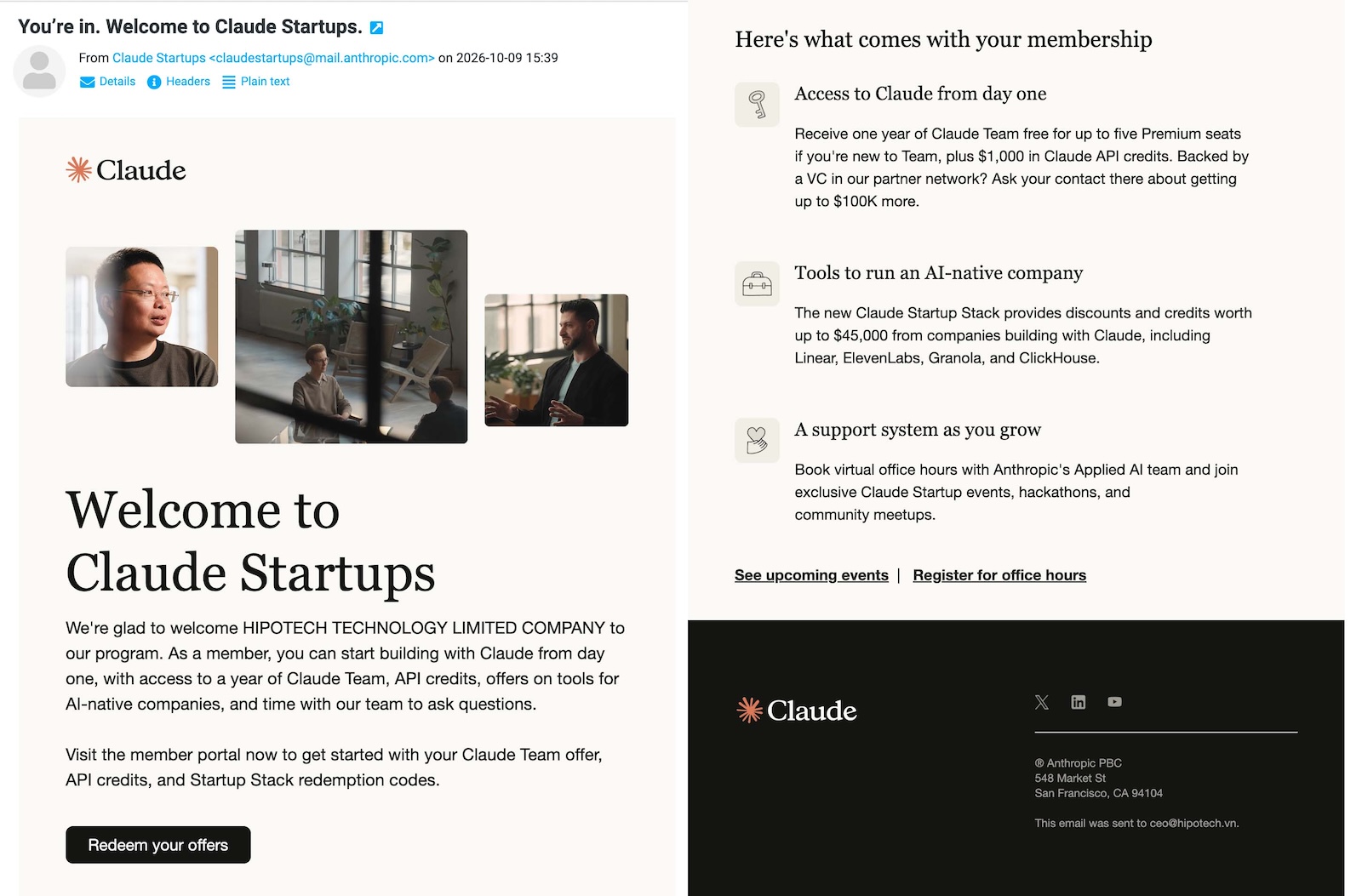 Email xác nhận HIPOTECH là thành viên chương trình Claude Startups của Anthropic ngày 09/10/2026