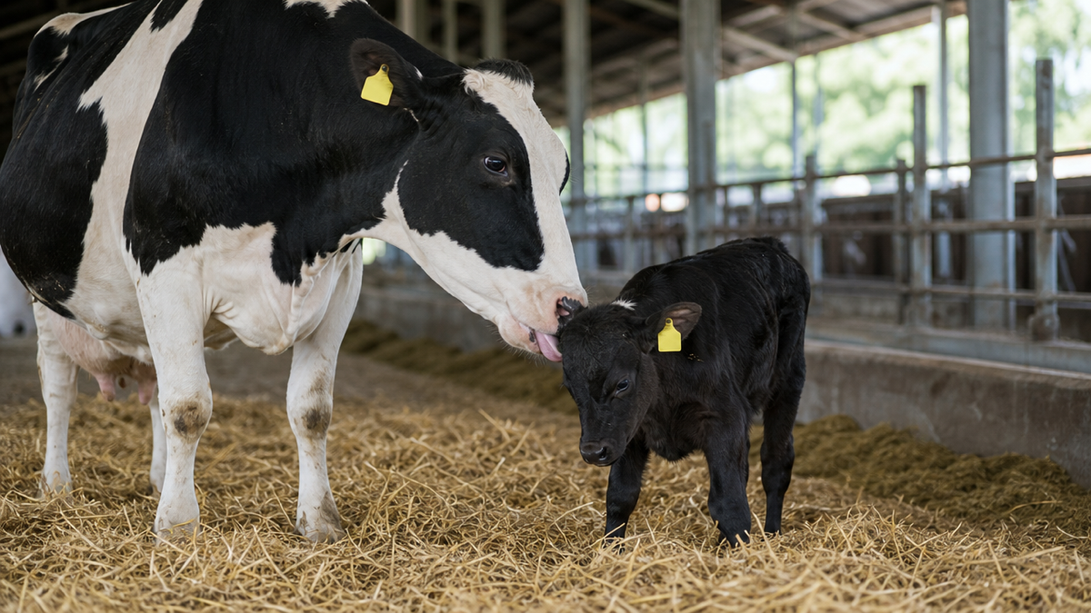 Ảnh minh họa bò sữa Holstein bên bê lai hướng thịt lông đen trong chuồng
