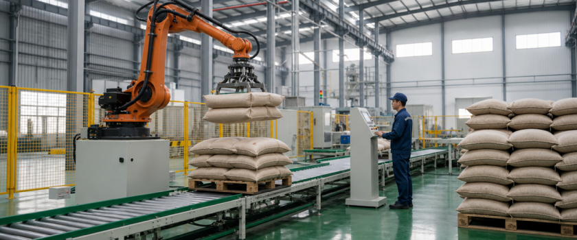 Ảnh minh họa cánh tay robot xếp bao thức ăn, một ứng dụng của robot và AI trong chăn nuôi