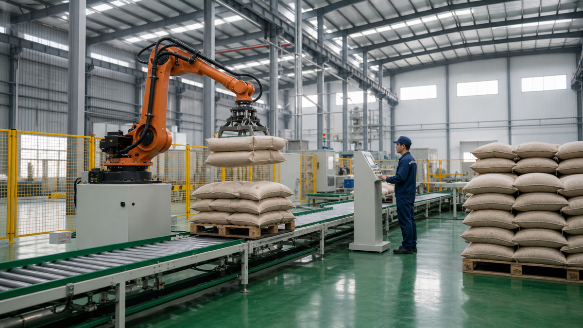 Ảnh minh họa cánh tay robot xếp bao thức ăn, một ứng dụng của robot và AI trong chăn nuôi