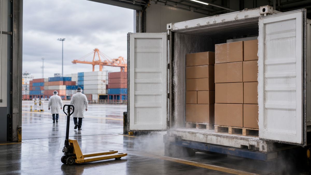 Ảnh minh họa container lạnh chở thịt gà chế biến chờ xuất khẩu tại cảng